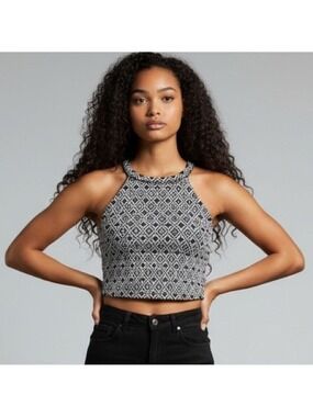 DYNAMITE halter crop top size XS in Black and White Diamond Geometric Pattern